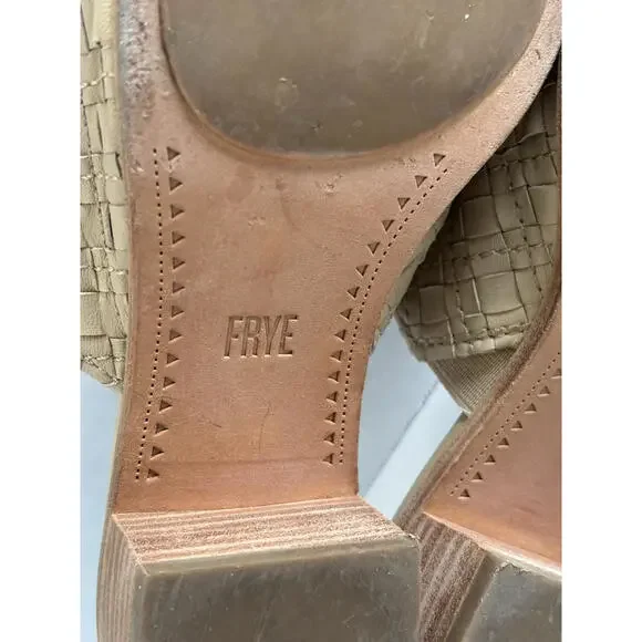 Frye Cindy Mules Women's Size 7.5M Cream Woven Leather Block Heel Slide Sandals - Picture 9 of 16